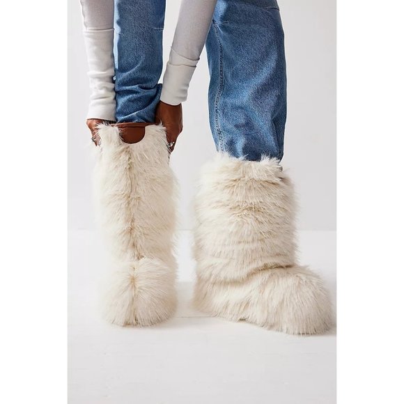Free People Cream Furry Heeled Boots - Picture 1 of 6